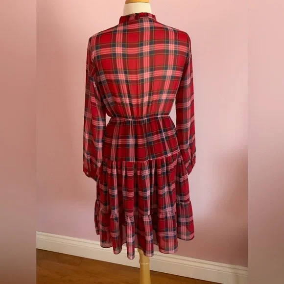 Xhilaration Red Plaid Tie-Neck Tiered Long-Sleeve Dress - Picture 4 of 8